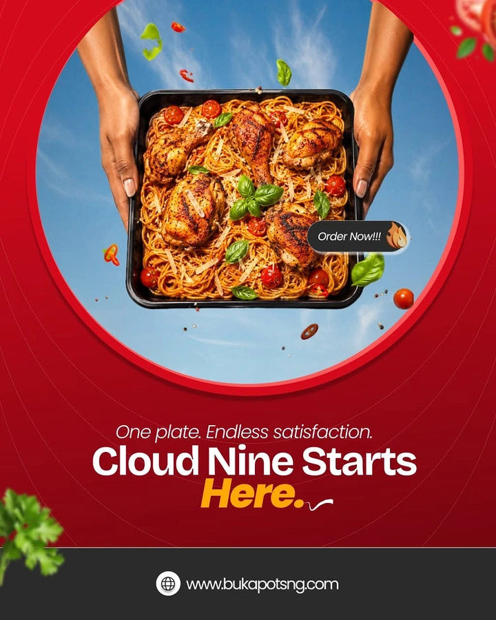Cloud Kitchens & Food Trucks creative ad: Tray held into sky, 'Cloud Nine' pun