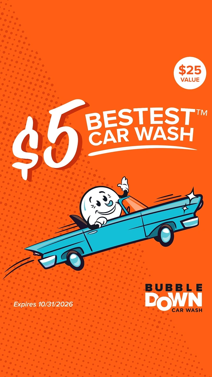 Car Wash & Detailing creative ad: Retro cartoon mascot, bold orange offer