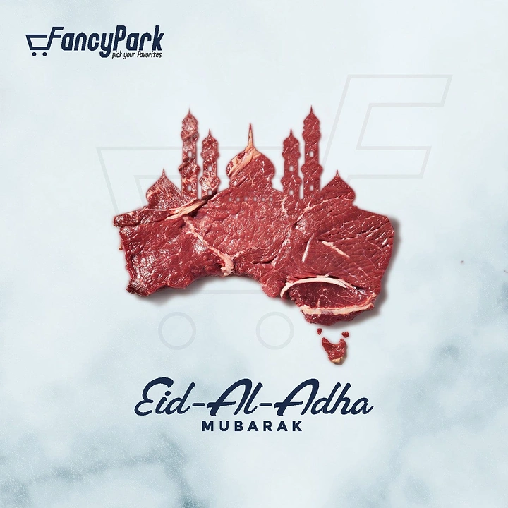 Eid creative ad: Raw beef steak cut into an Australia map topped with a mosque skyline