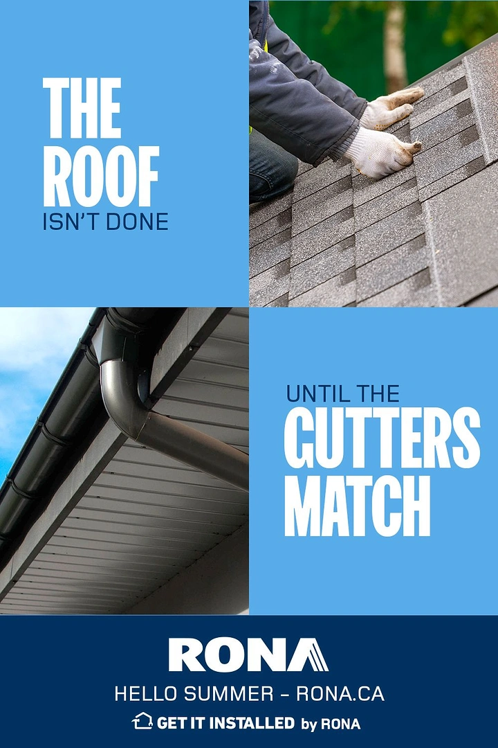 Roofing creative ad: Witty 'roof isn't done till gutters match'
