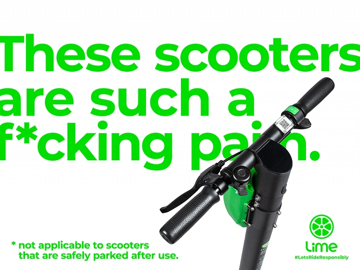 Car Rental creative ad: Close-up of an e-scooter handlebar overlapping a huge green headline