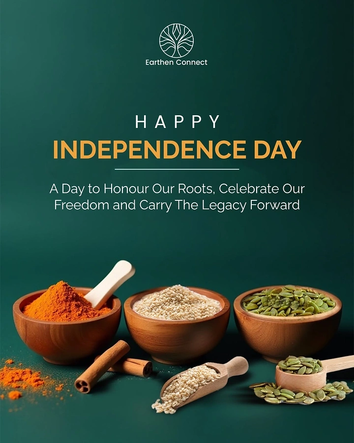 Independence Day creative ad: Three wooden bowls of turmeric, sesame and pumpkin seeds in tricolour order