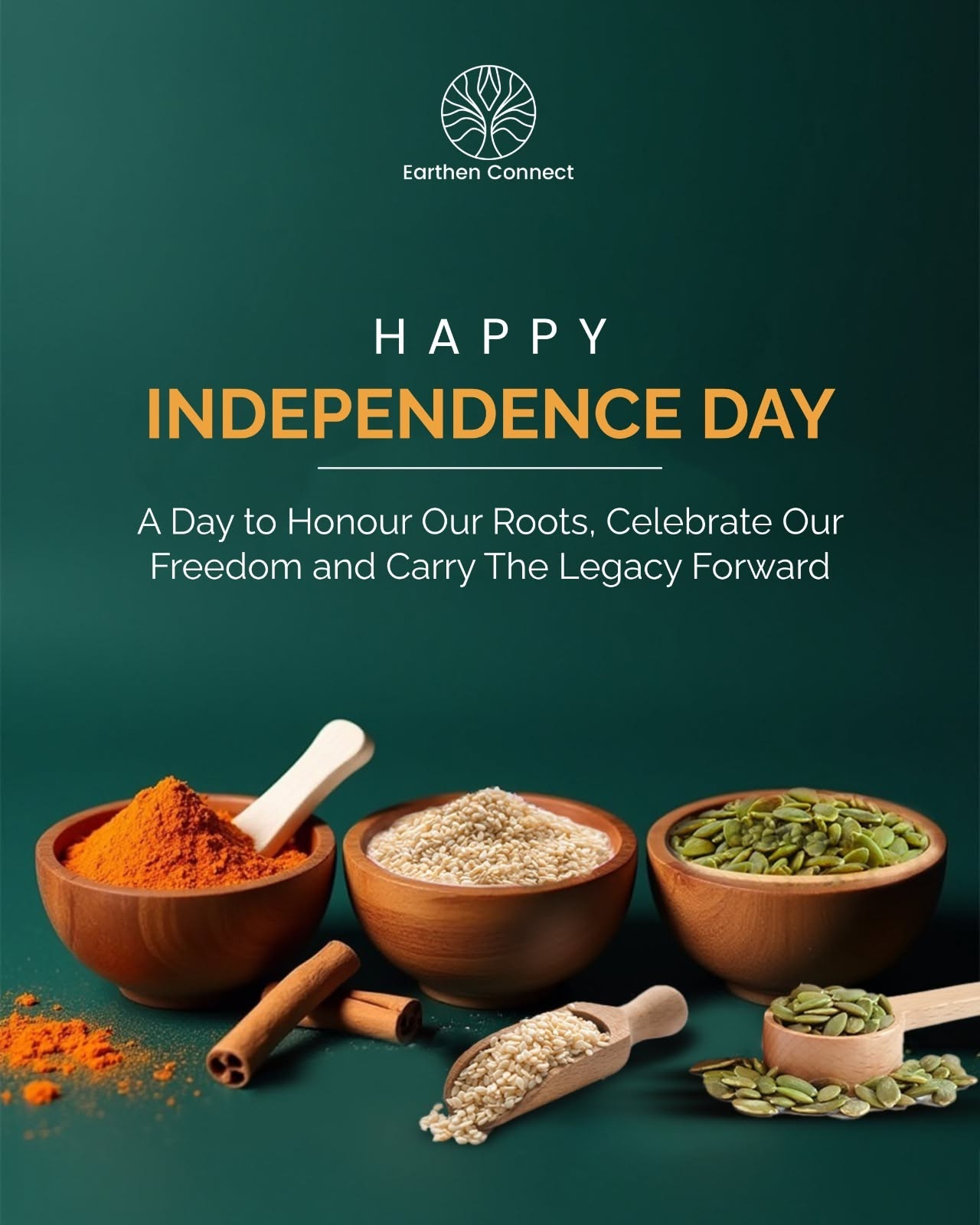 Independence Day Instagram post: Three wooden bowls of turmeric, sesame and pumpkin seeds in tricolour order