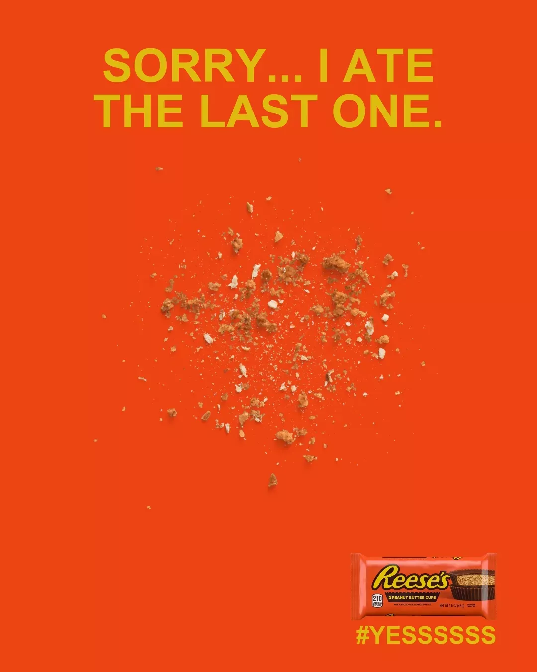 Instagram post: scattered chocolate and peanut butter crumbs on a flat orange background