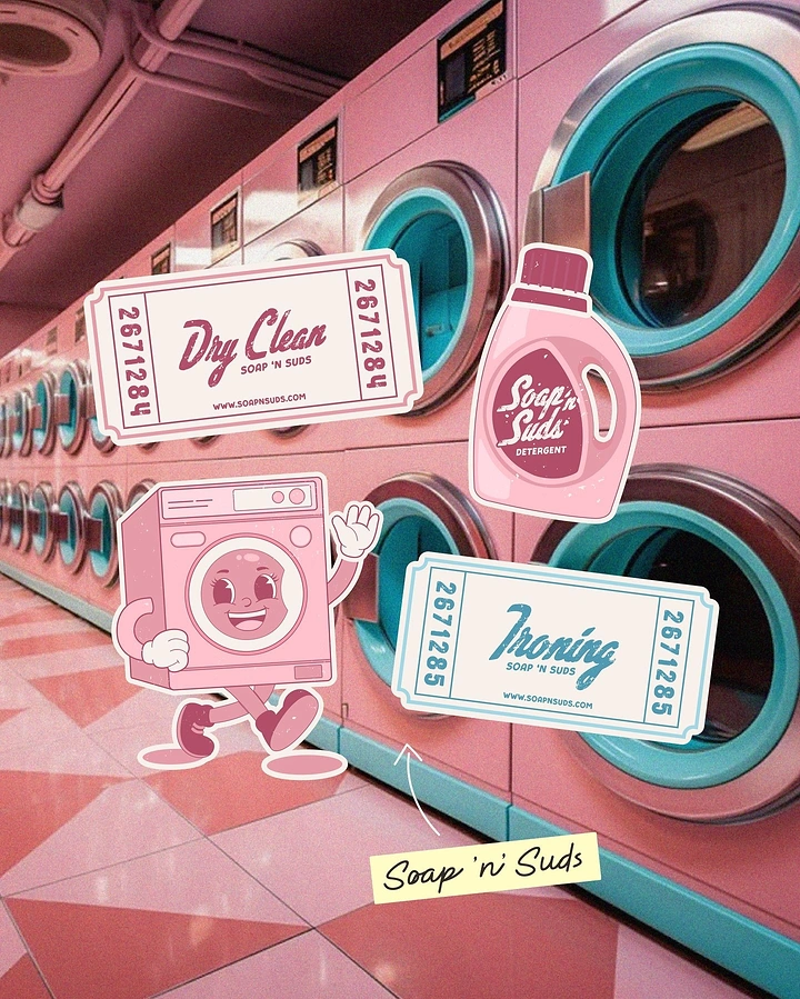 Laundry & Dry Cleaning creative ad: Retro service tickets with mascot collage
