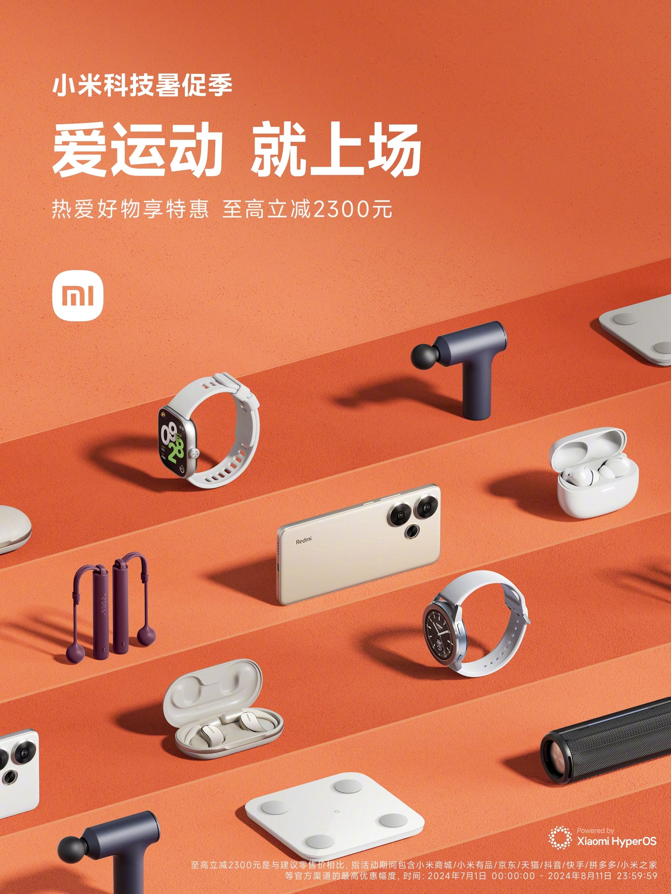 Poster: Tech and fitness gadgets arranged on orange diagonal steps