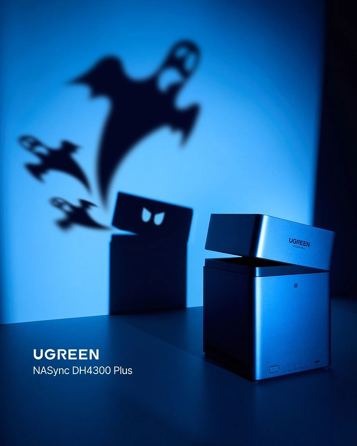Halloween creative ad: Open NAS storage device casting a shadow monster with flying ghosts