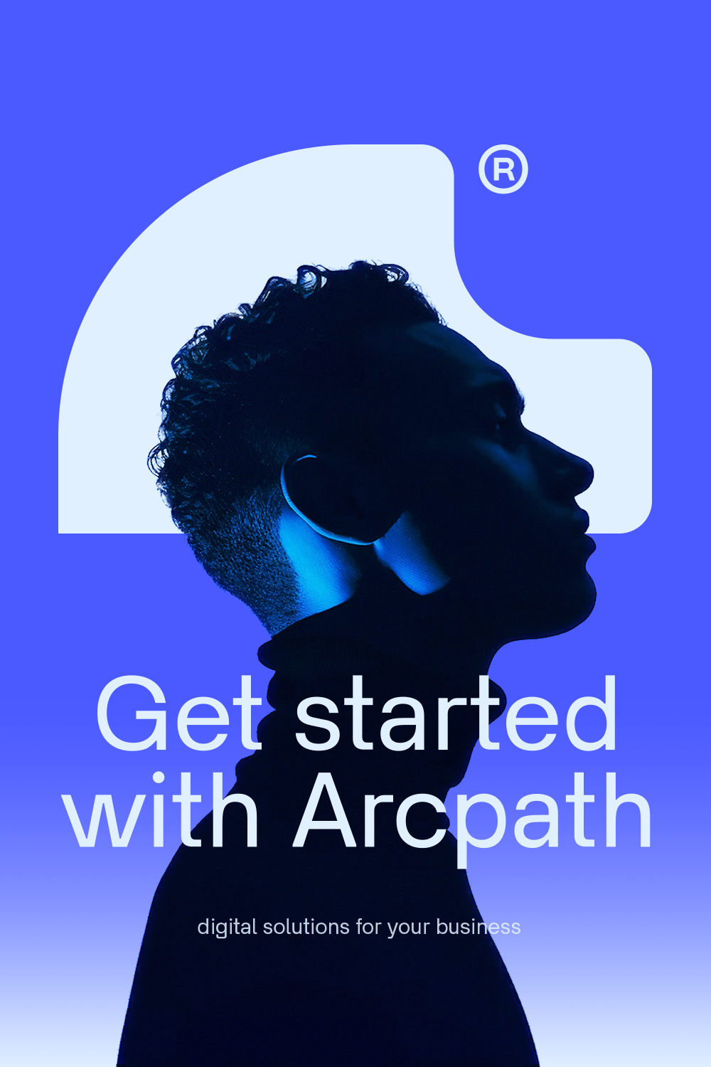 Poster: Dark profile silhouette of a man against a large pale abstract logo shape
