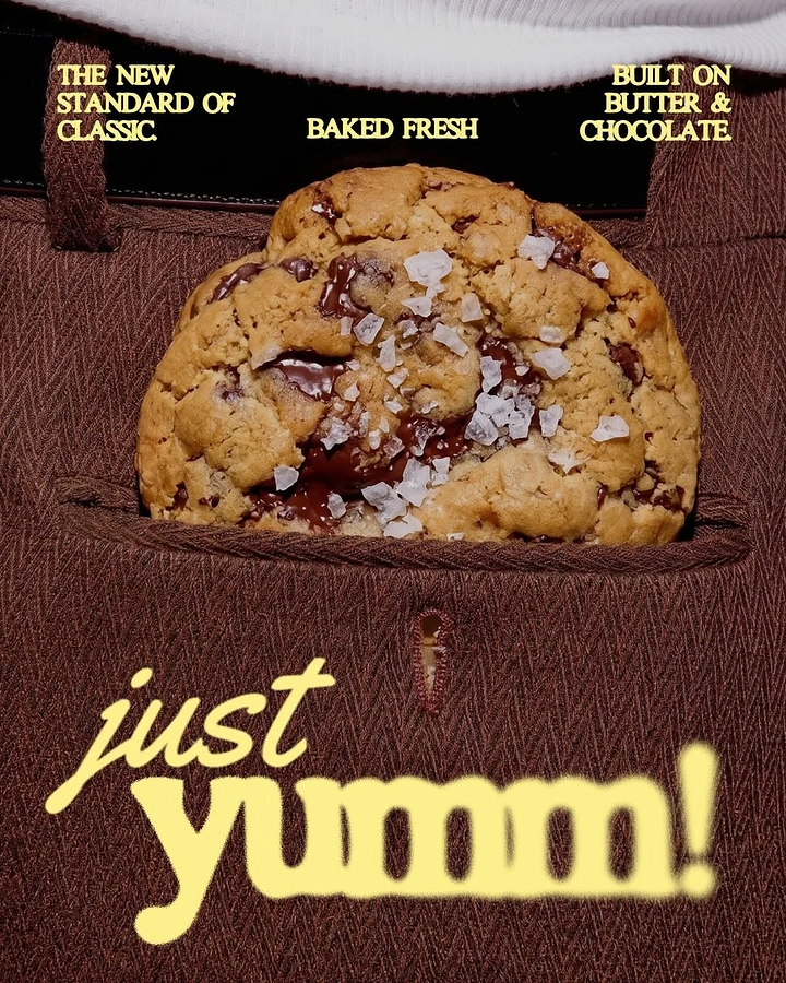 Creative ad: Giant sea-salt chocolate chunk cookie in a trouser pocket