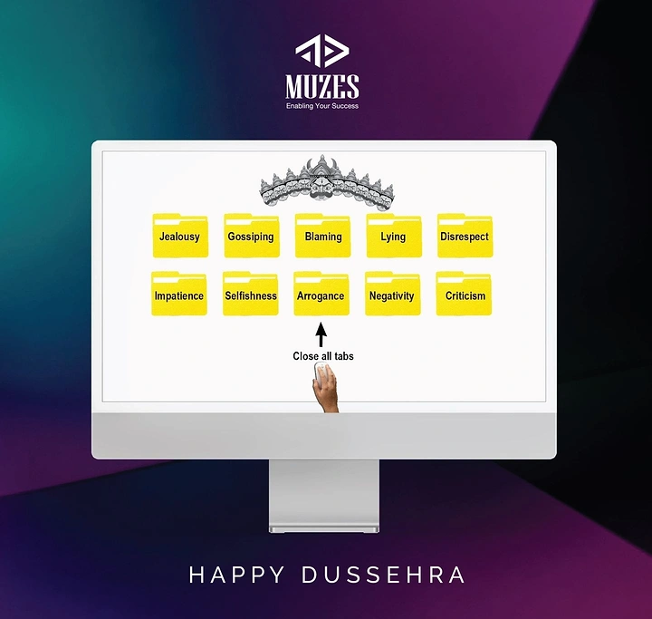 Dussehra creative ad: Desktop monitor showing ten vice-labelled folders under Ravana's ten heads