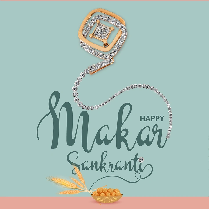 Makar Sankranti creative ad: Rose-gold diamond pendant whose chain curls into script lettering