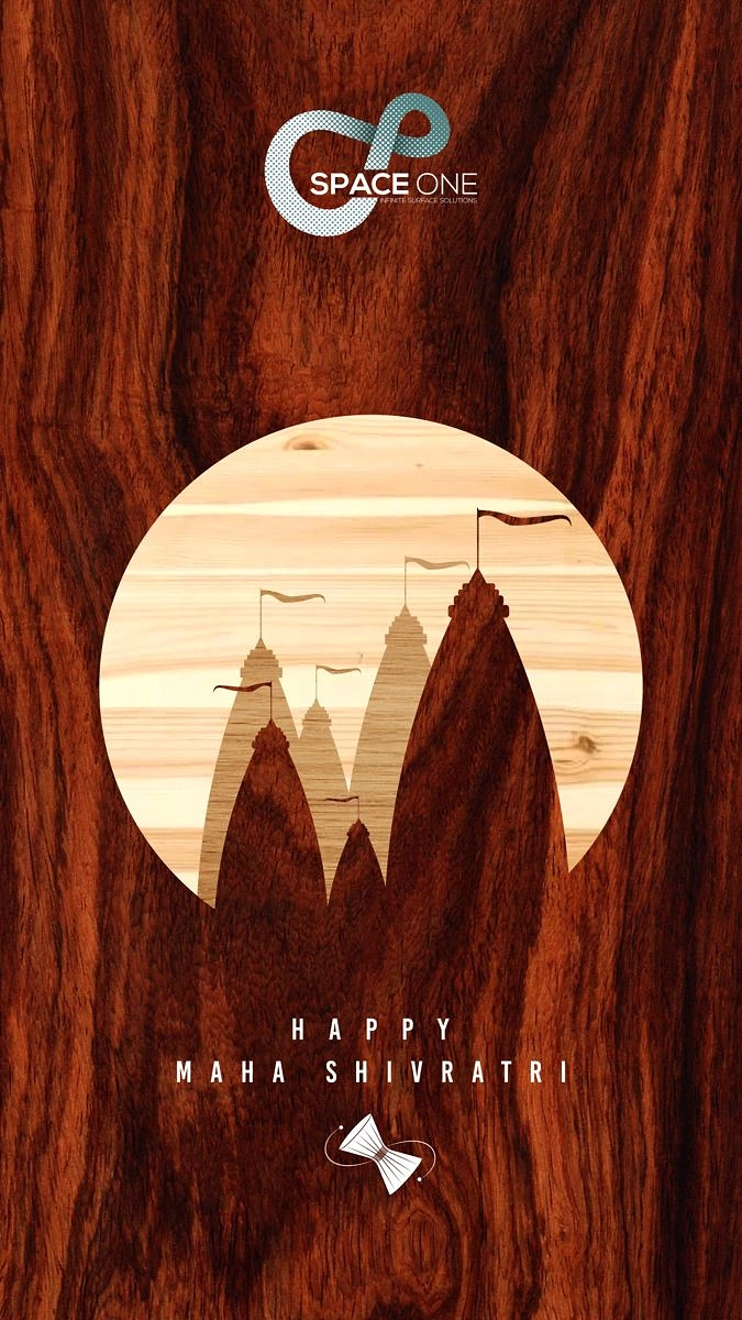 other-festival creative ad: Temple spire silhouettes cut from wood veneer inside a pale wood circle