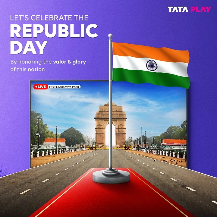 Republic Day creative ad: TV screen showing India Gate with road spilling out and a flagpole on a red carpet