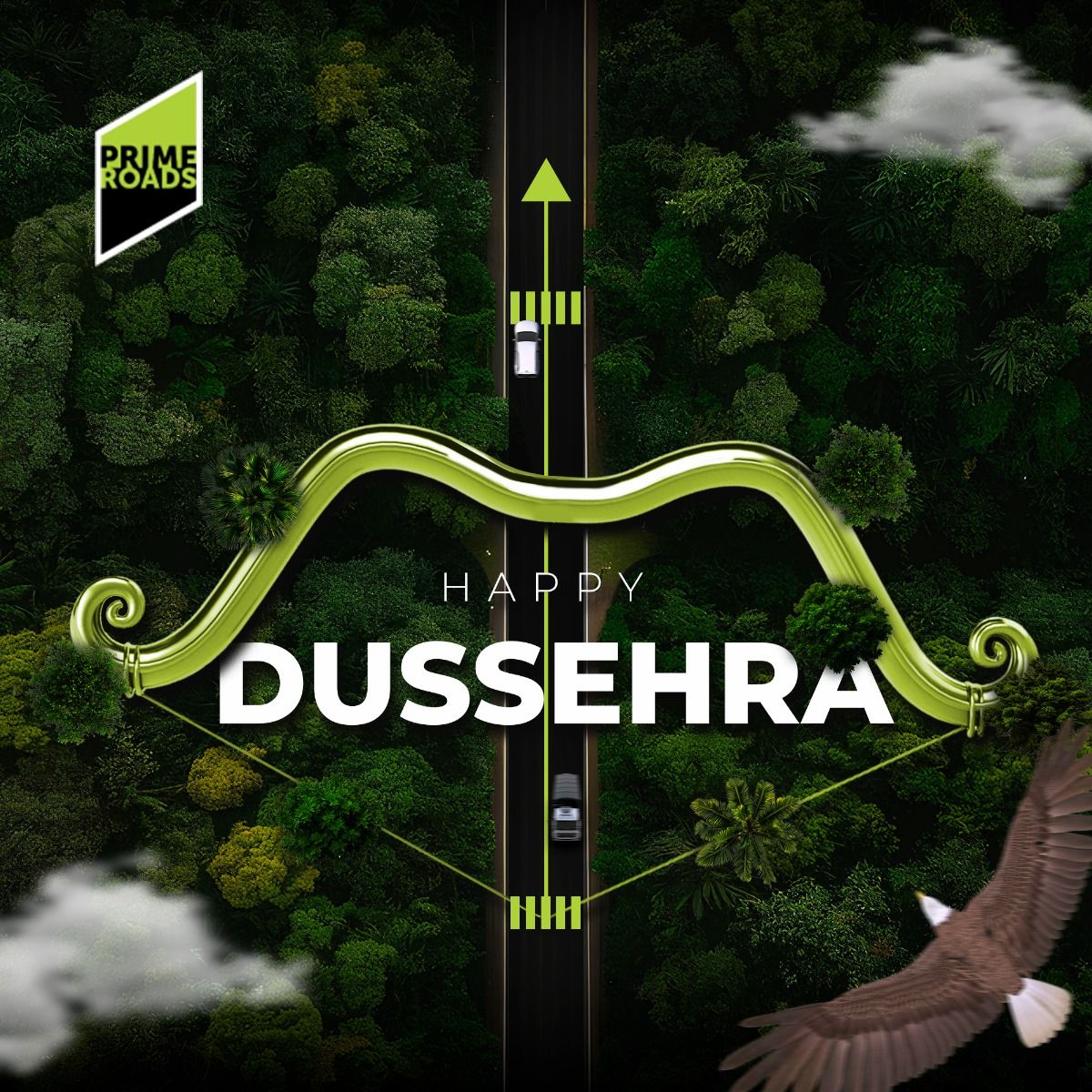 Aerial forest highway forming the arrow of a lime-green bow