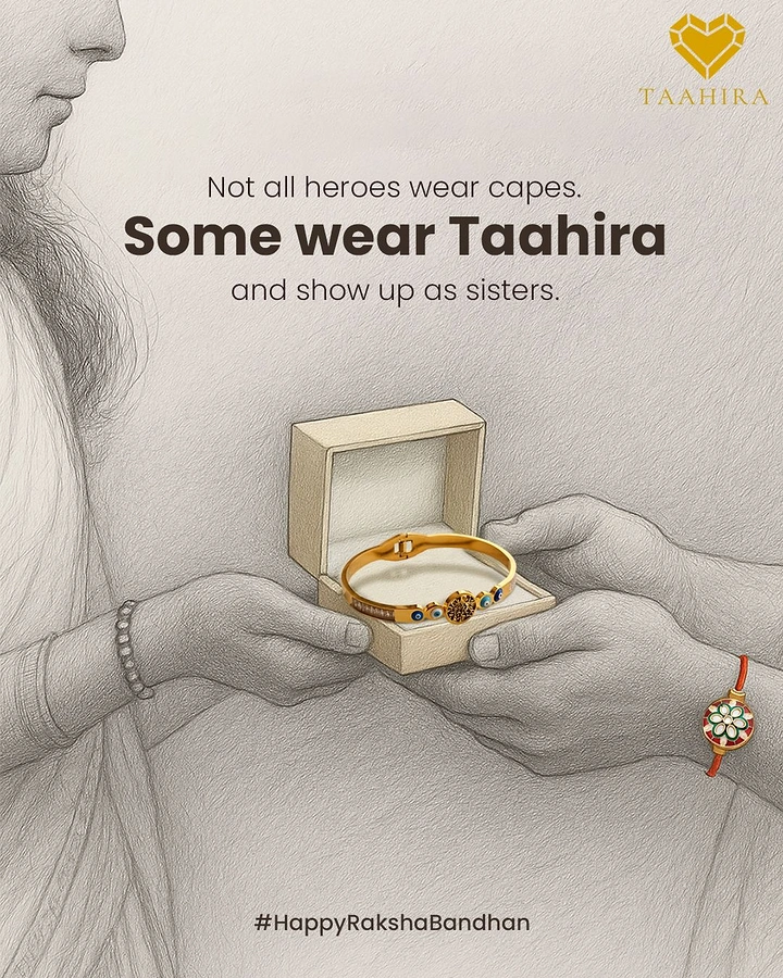 Raksha Bandhan creative ad: Sketched sister's hands gifting a real gold bracelet in a box
