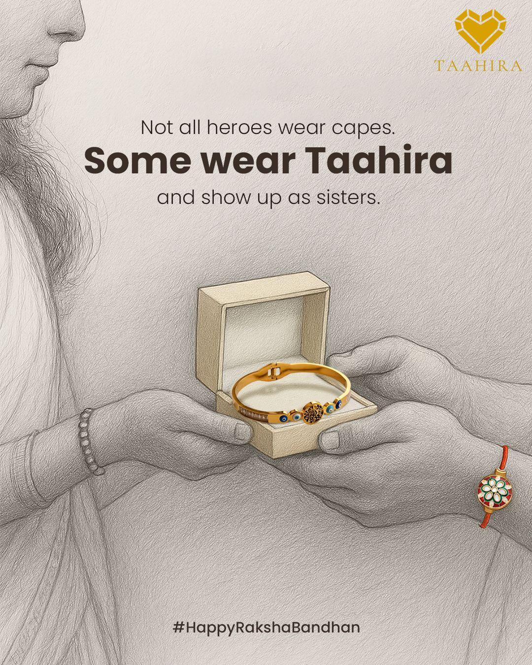 Sketched sister's hands gifting a real gold bracelet in a box