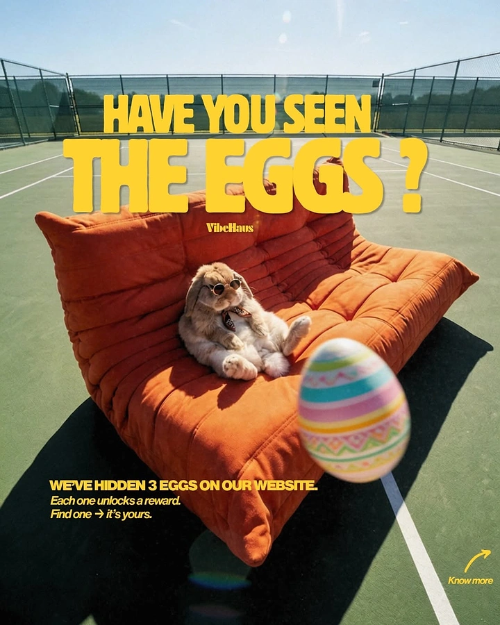 Easter creative ad: Bunny in sunglasses lounging on an orange sofa on a tennis court