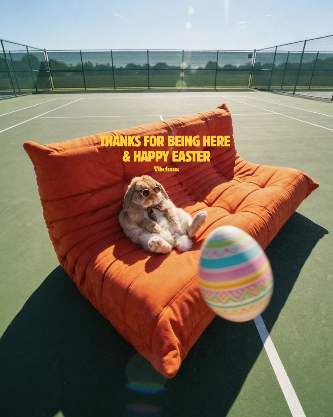 Bunny in sunglasses lounging on an orange sofa on a tennis court