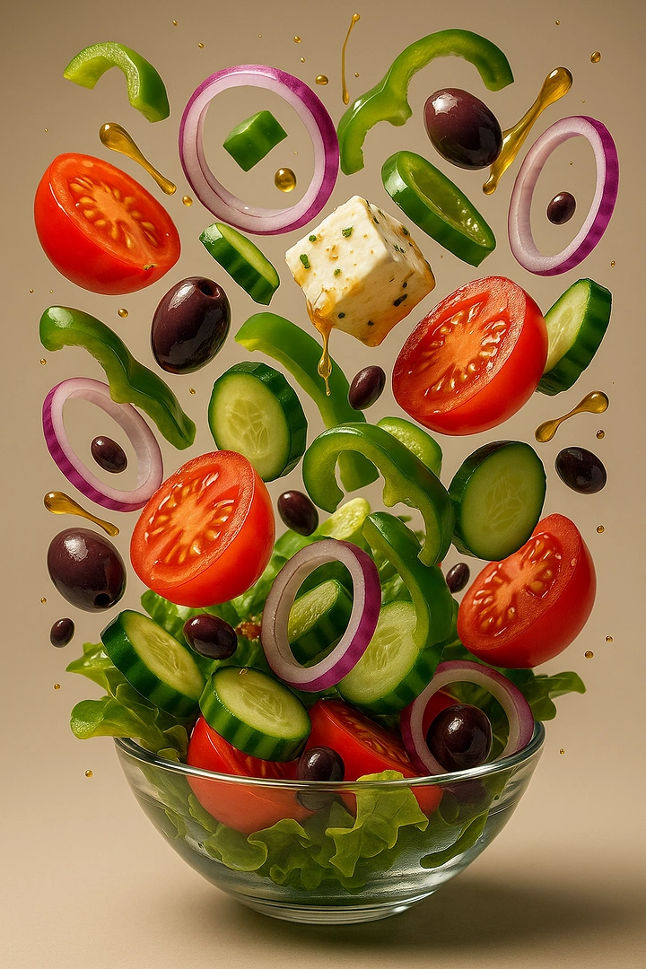 Salad Bars & Healthy Restaurants creative ad: Floating ingredients create playful salad world