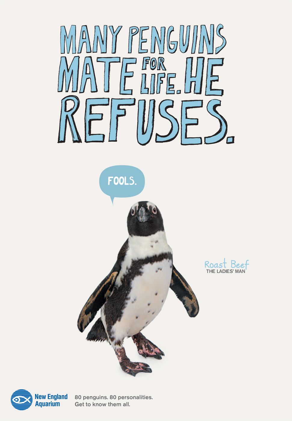 Poster: Cut-out penguin with a sarcastic speech bubble