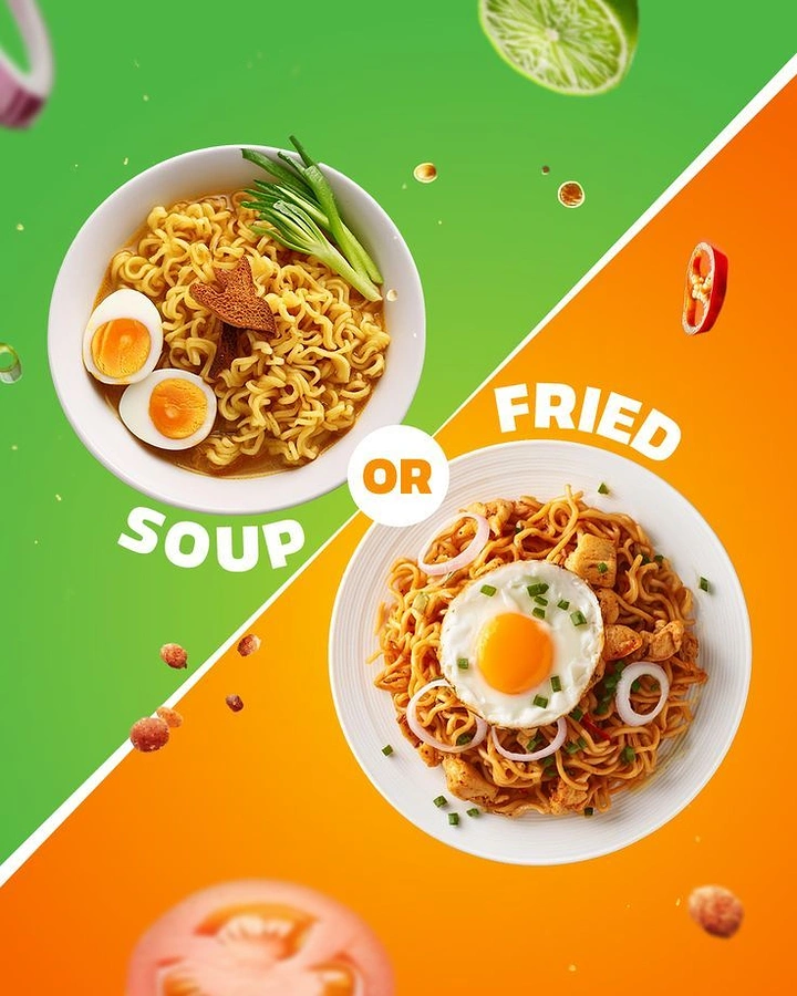 Instant Noodles & Pasta Brands creative ad: Playful soup-versus-fried split composition