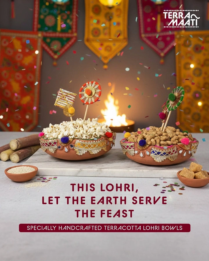 Lohri creative ad: Two decorated terracotta bowls filled with popcorn and peanuts