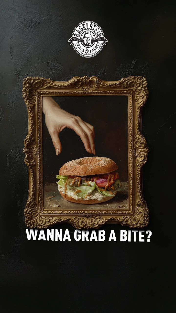 Creative ad: Classical oil painting of a bagel sandwich with a hand reaching for it, in a gilded frame