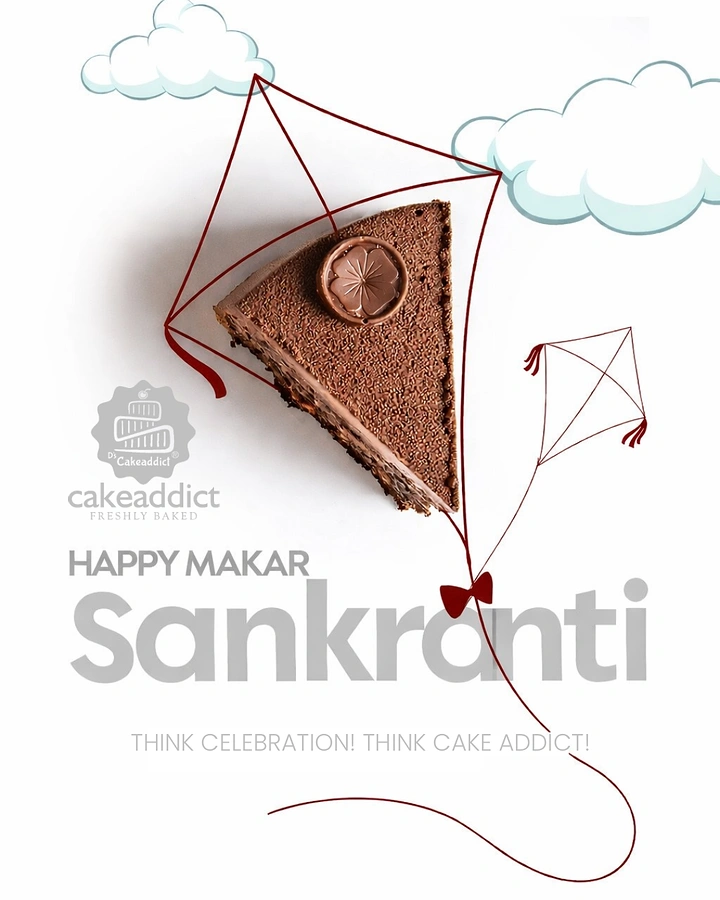 Makar Sankranti creative ad: Chocolate cake slice drawn into a kite