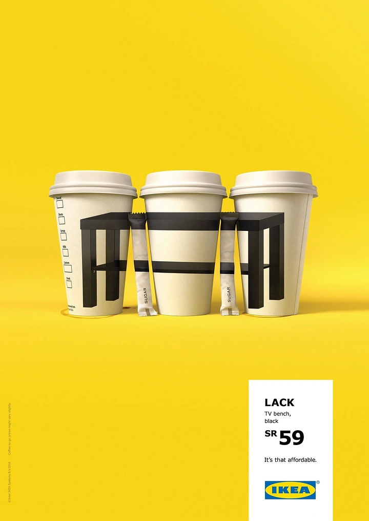 Furniture creative ad: Three coffee cups whose black printed bands form the shape of a TV bench