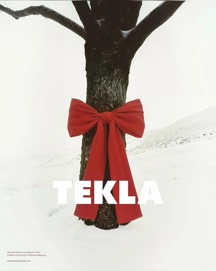 Christmas creative ad: Tree trunk wrapped with a giant red fabric bow in snow