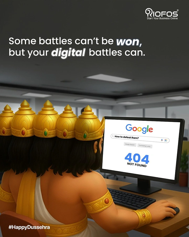 Dussehra creative ad: 3D ten-headed Ravana at an office desk searching how to defeat Ram