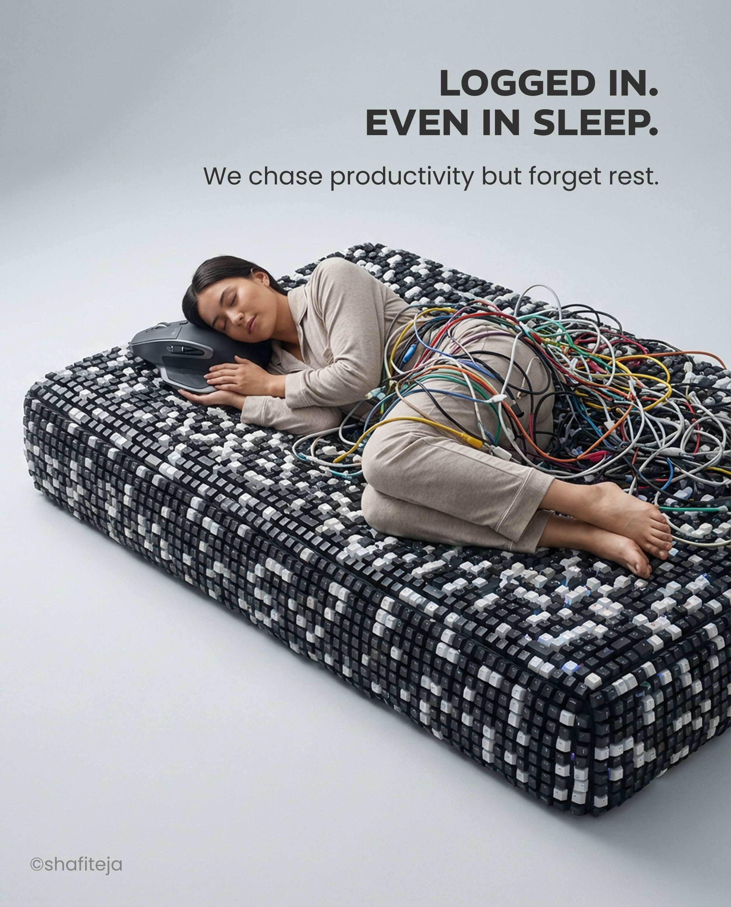 Instagram post: Woman asleep on a mattress made of keyboard keys, tangled in cables