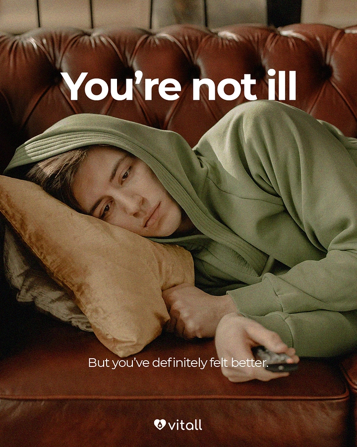 Diagnostic Labs creative ad: Tired young person in a hoodie lying on a leather sofa