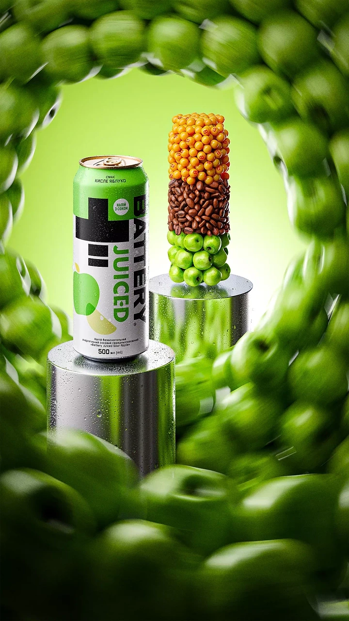 Energy & Sports Drinks creative ad: Surreal vegetable tower turns product display unexpected