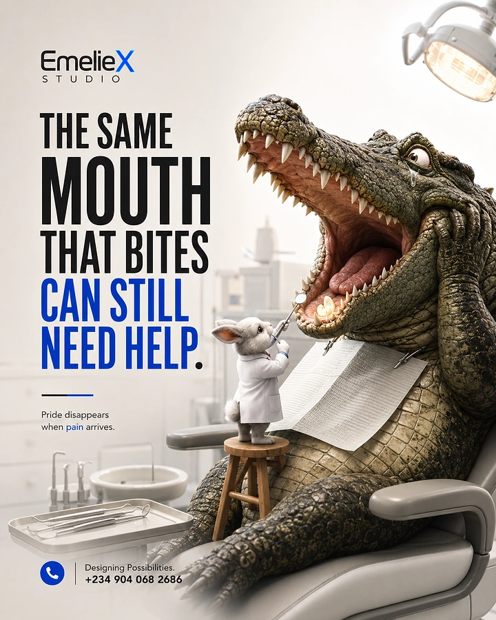 Agency creative ad: Tearful crocodile in dental chair examined by rabbit dentist