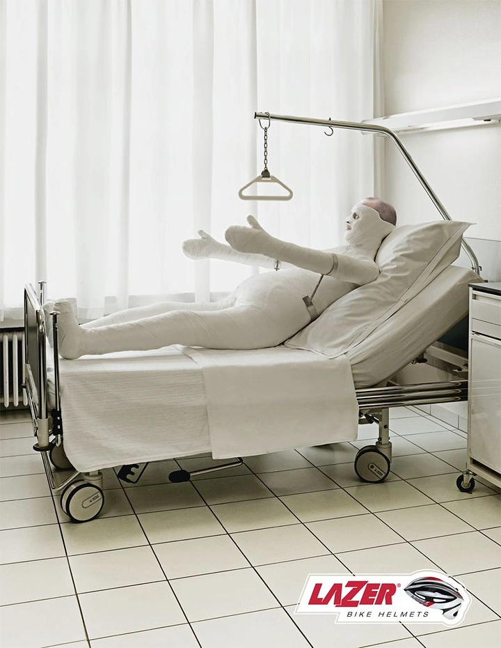 Helmets & Riding Gear creative ad: Hospital scene dramatizes helmet protection