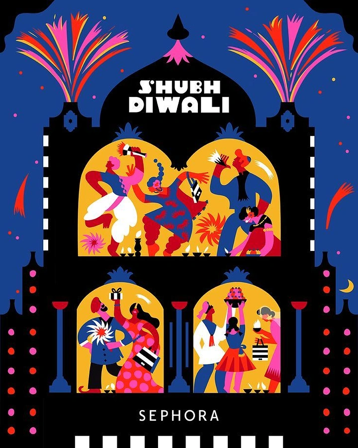 Diwali creative ad: Illustrated palace facade with arched windows showing people celebrating