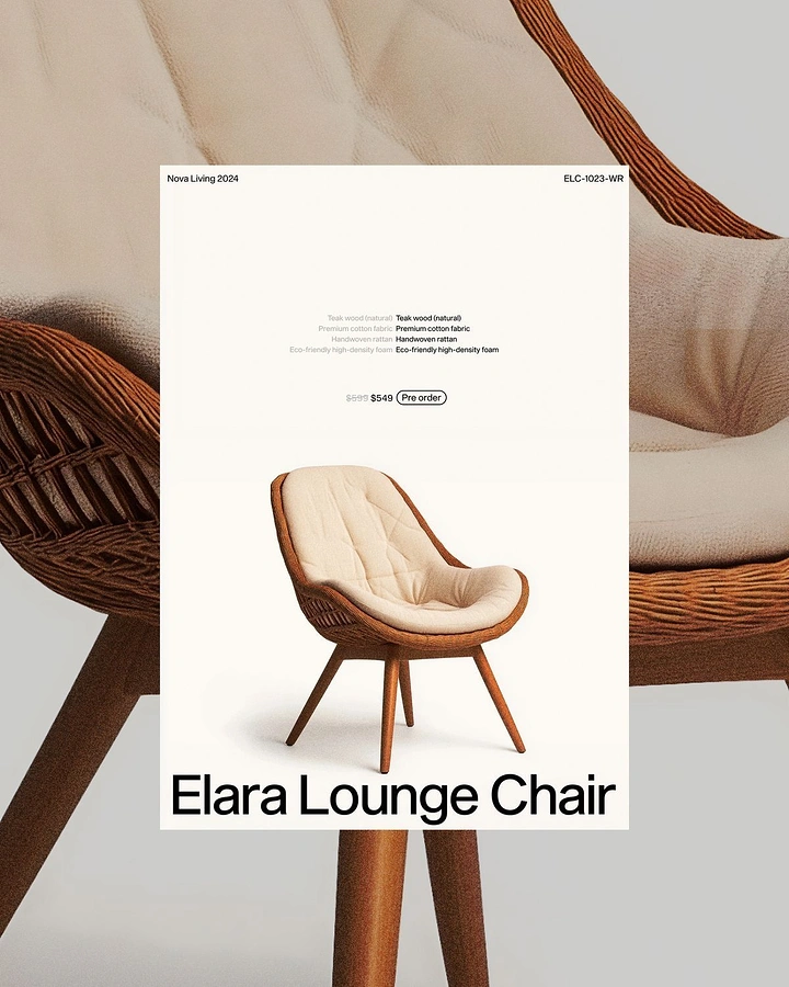 Creative ad: Rattan lounge chair on a white spec card over its enlarged crop