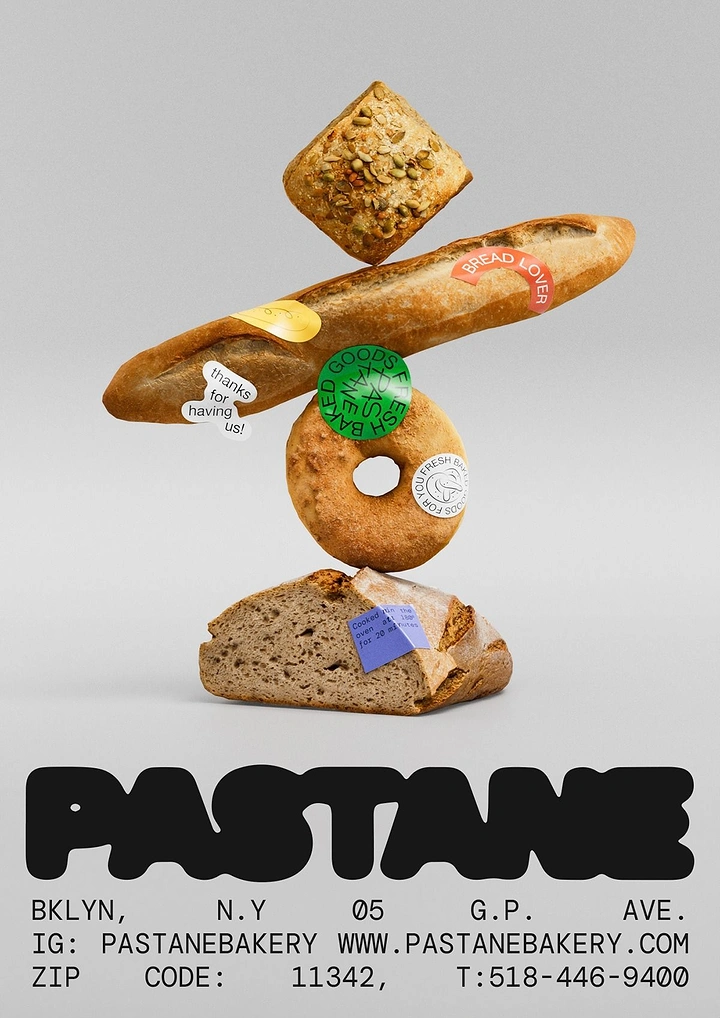 Food & Beverage creative ad: Balanced stack of breads decorated with colorful stickers