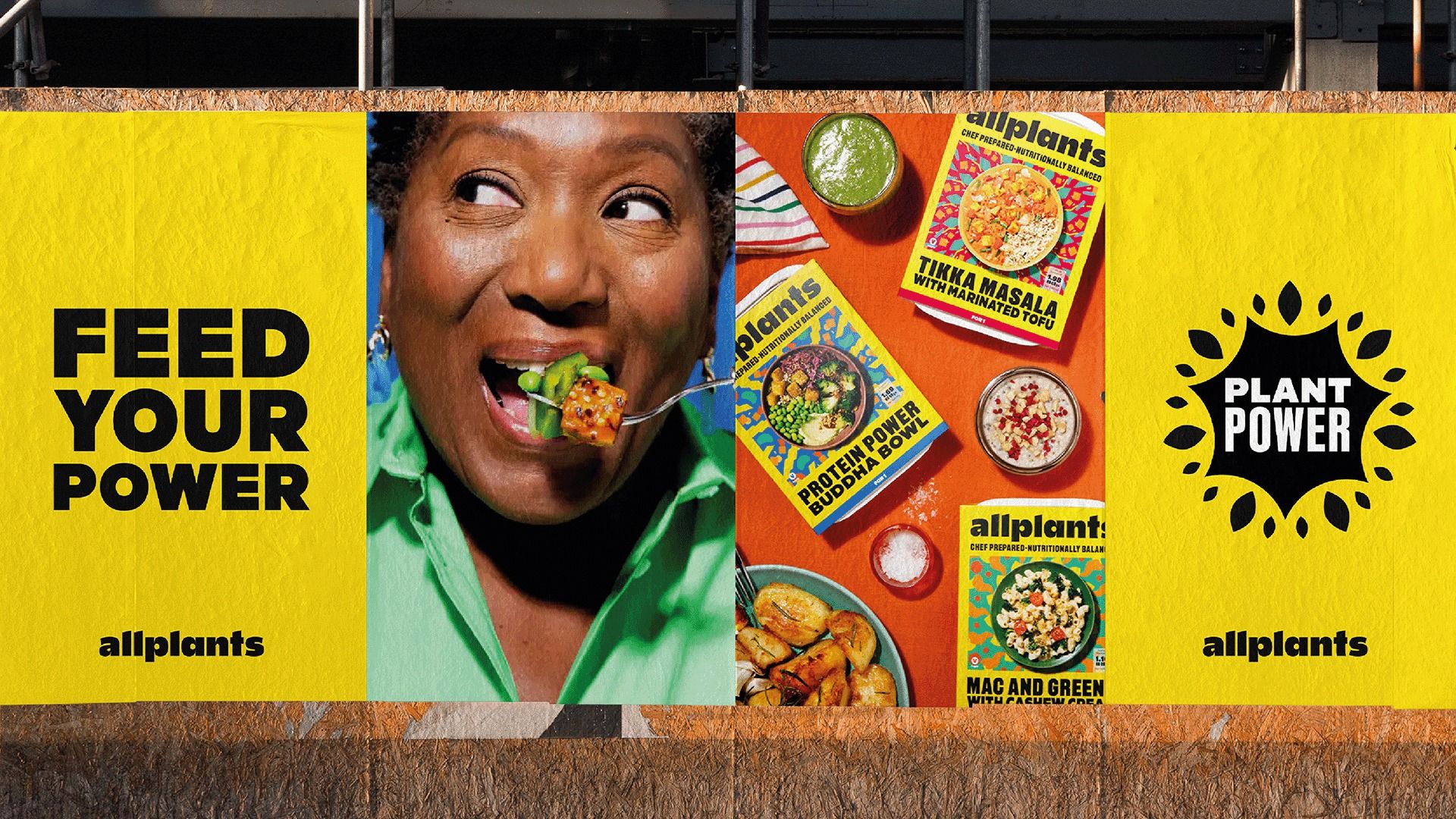 Poster: Woman biting plant-based food beside a flat lay of meal packs