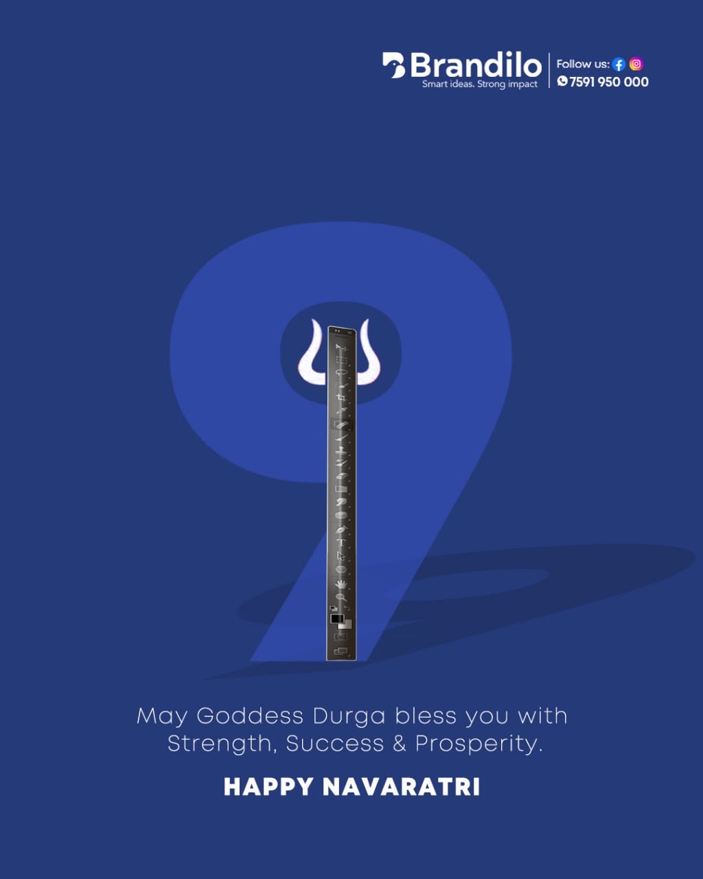 Giant numeral 9 with a design-software toolbar shaped as a trishul