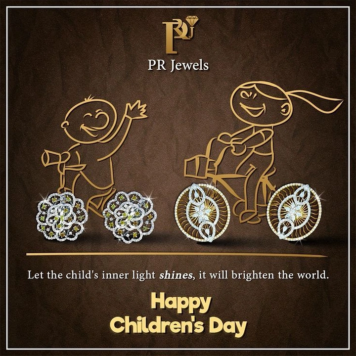 Children's Day creative ad: Line-drawn kids on bicycles with diamond earrings as wheels