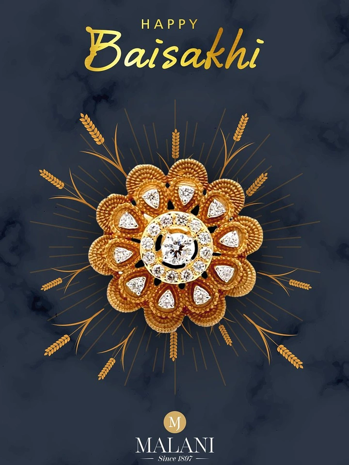 other-festival creative ad: Gold floral diamond ring top/brooch surrounded by radiating wheat