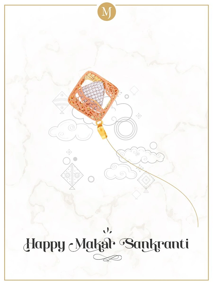 Makar Sankranti creative ad: Rose-gold diamond kite-shaped pendant with a gold chain as its string