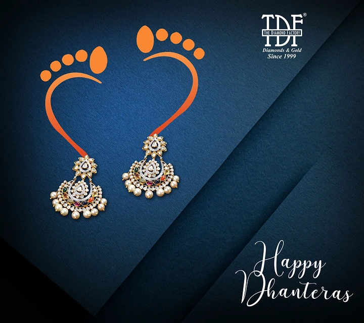 Dhanteras creative ad: Pair of kundan-pearl chandbali earrings hanging from stylised Lakshmi footprints