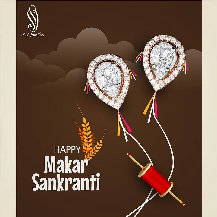 Makar Sankranti creative ad: Diamond pear-shaped earrings styled as kites with a spool