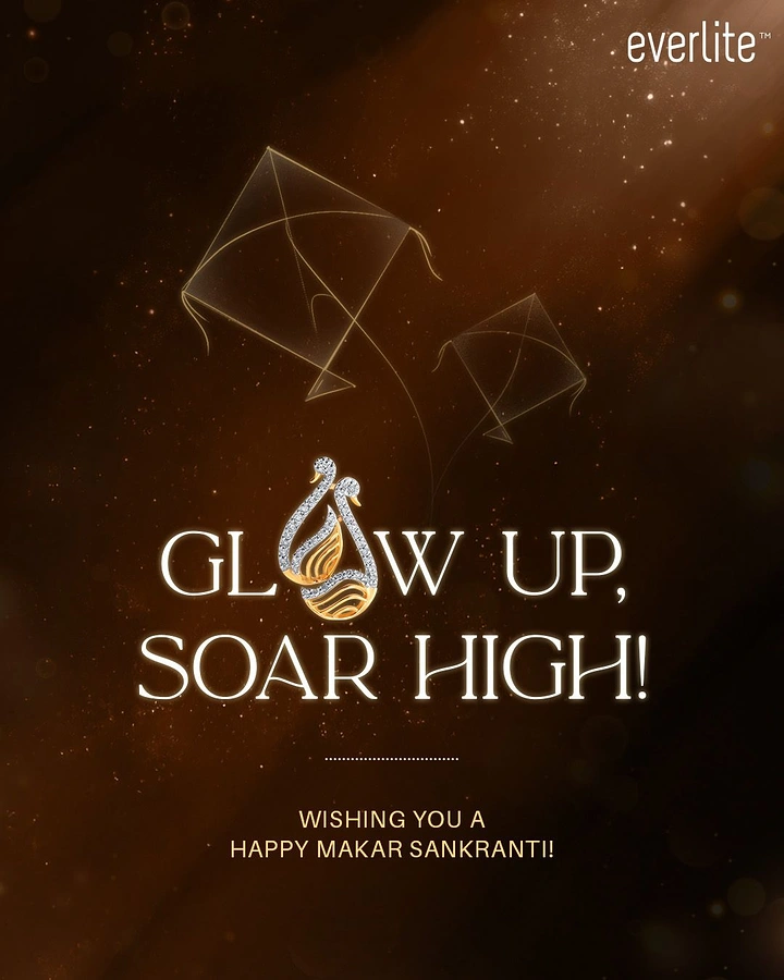 Makar Sankranti creative ad: Diamond swan pendant replacing a letter in the headline beneath glowing kites