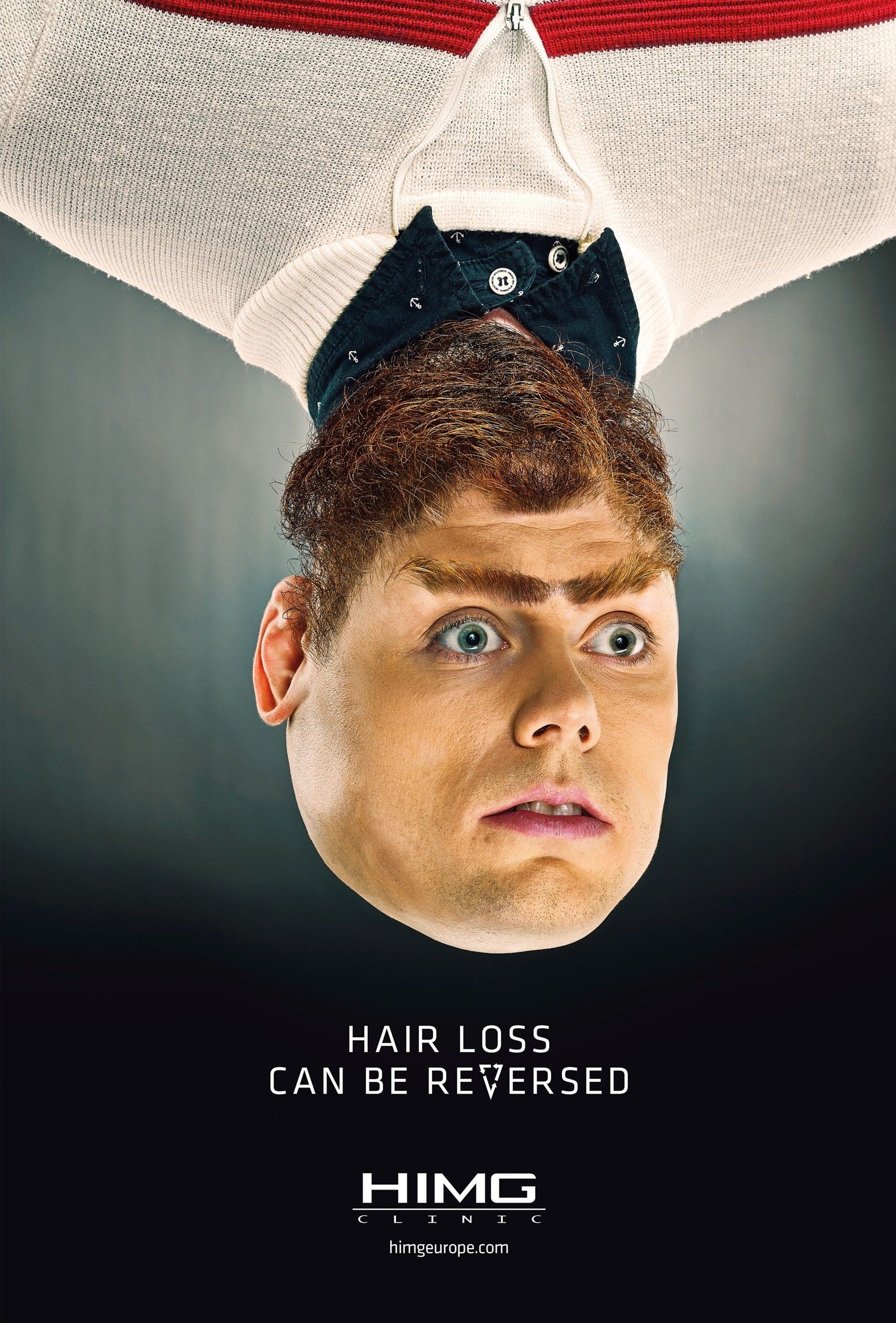 Poster: Upside-down man whose chin reads as a full hairline