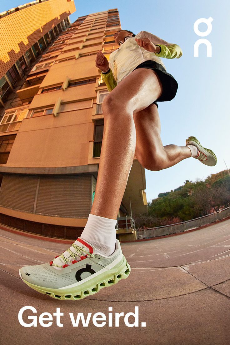 Instagram post: Runner mid-stride shot from an extreme low fisheye angle, sneaker in the foreground
