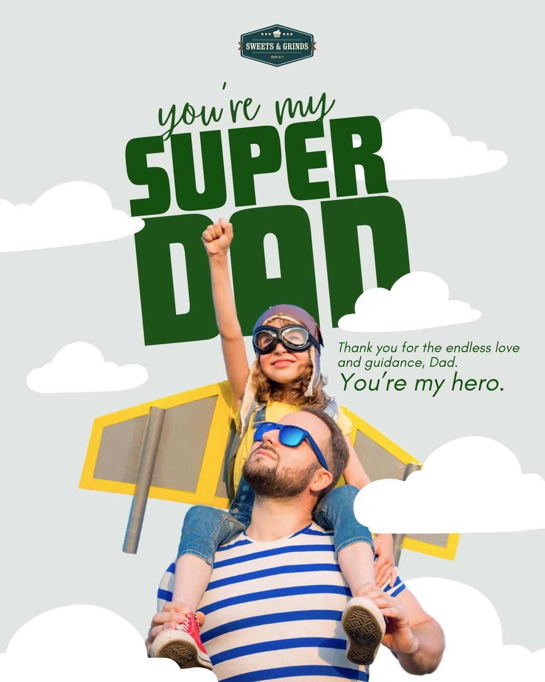 Father's Day Instagram post: Father in sunglasses carrying child pilot with cardboard wings on shoulders